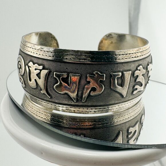 Vintage Handmade Tibetan Silver Cuff Bracelet with Lucky Charms Retro Chunky - Picture 3 of 7
